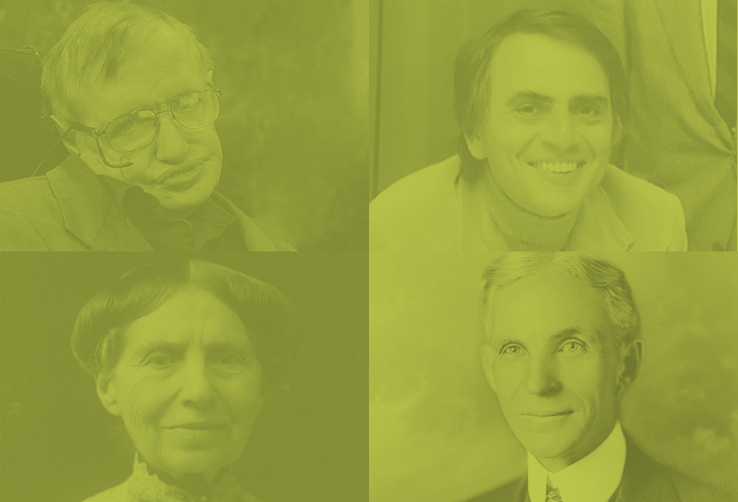 Photographs of Stephen Hawking, Carl Sagan, Clara Barton, and Henery Ford.