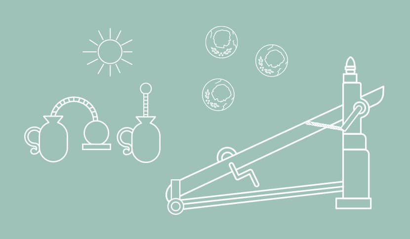 Key technologies from ancient Greece: thermometers, coin money, and catapults.