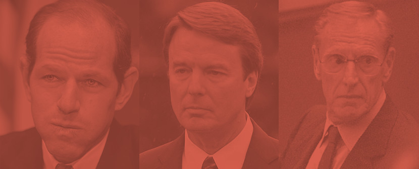 From left to right, images of Eliot Spitzer, John Edwards, and Charles Keating