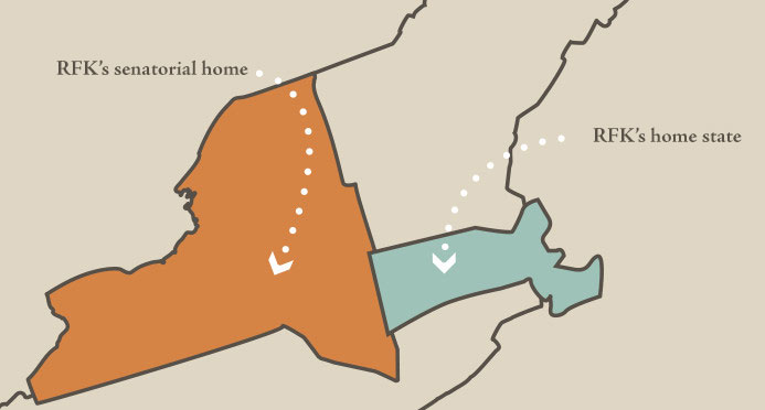 Map that shows Robert F. Kenedy's home state vs. the state he was a senator in, ie. 'carpetbagging'.